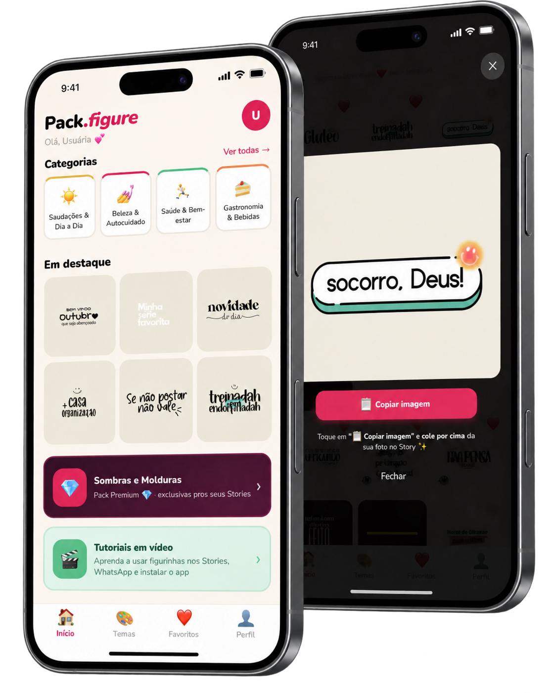 Dois celulares mostrando a plataforma PackFigure e a ação de copiar imagem