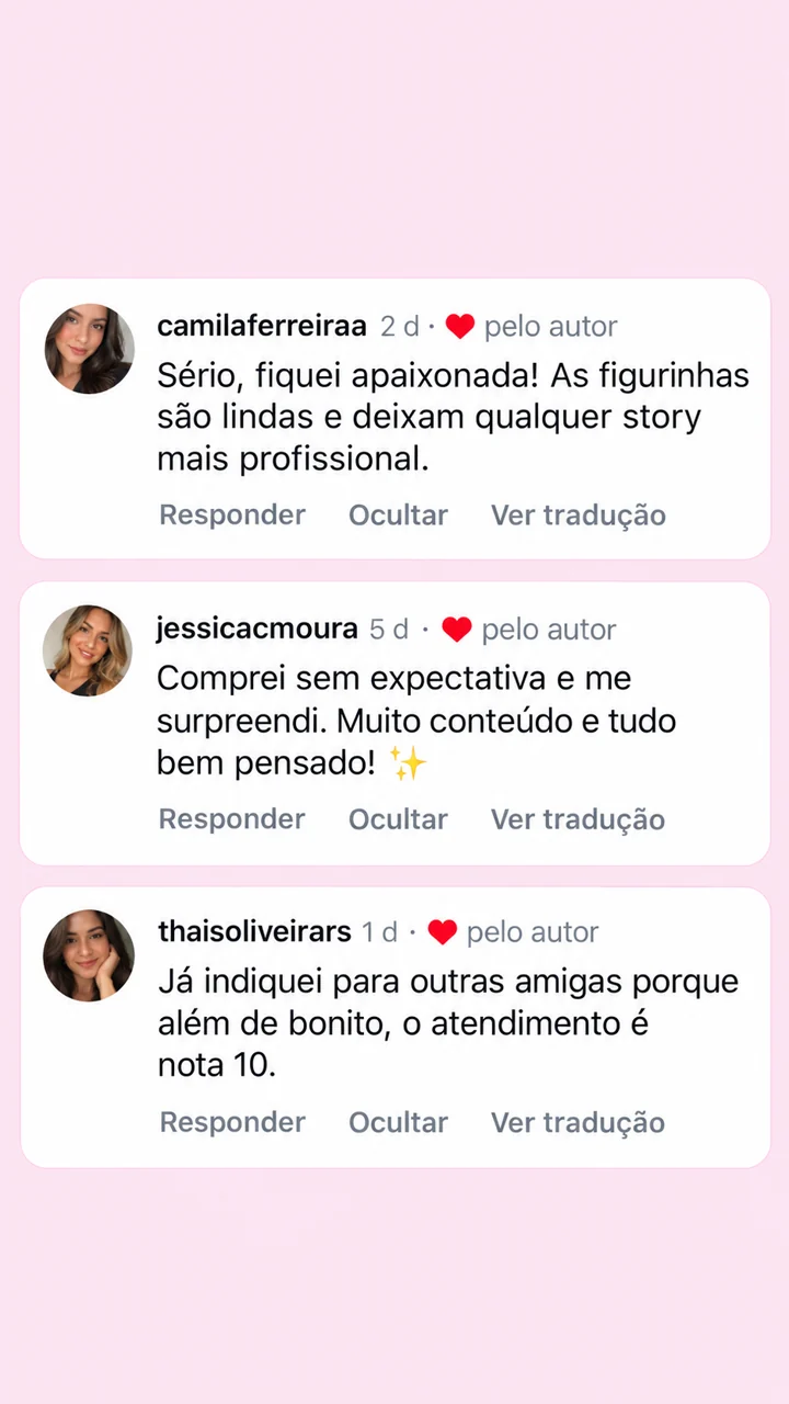Comentários de Camila Ferreira, Jéssica Moura e Thaís Oliveira sobre a qualidade das figurinhas e do atendimento.