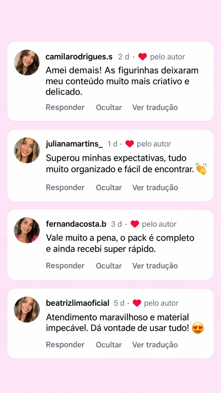 Comentários de Camila Rodrigues, Juliana Martins, Fernanda Costa e Beatriz Lima sobre criatividade, organização e entrega.
