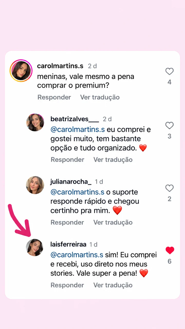 Conversa entre clientes recomendando o plano Premium, a organização do conteúdo e a rapidez do suporte.